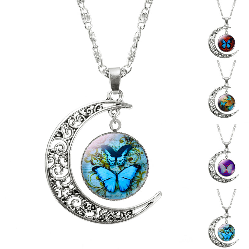 Trendy Silver Moon butterfly Pendant Necklace for Women - Giortazo
