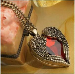 Vintage Red Gem Crystal Heart Angel Wing Necklace & Pendant - Giortazo