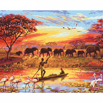 Elephant Sunset Landscape Hand Painting - Giortazo