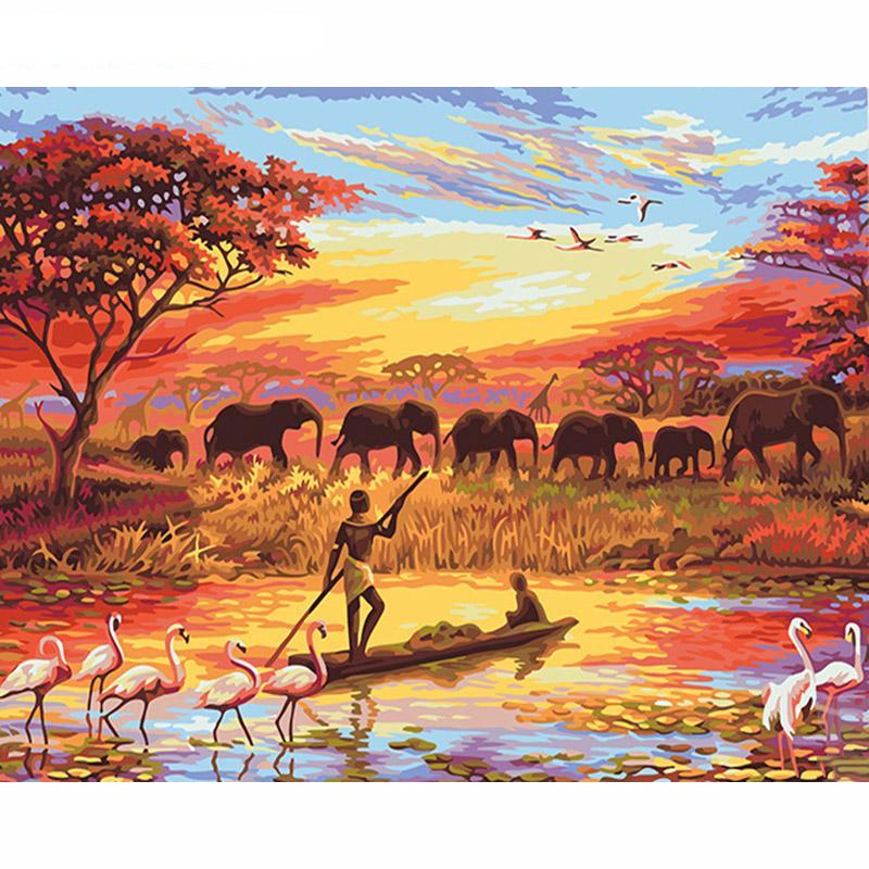 Elephant Sunset Landscape Hand Painting - Giortazo